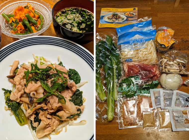 左側 濃厚肉野菜炒めとチンゲン菜の白和え・わかめスープ、右側キットの材料の画像