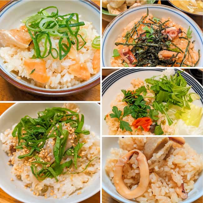 オイシックスお魚ごはんコースのご飯5種類 左上鮭ごはん、左下舞茸とさばのご飯、右上たこ飯、右中さばっぱとドライトマトのオリーブご飯、右下いかと里芋のご飯の画像