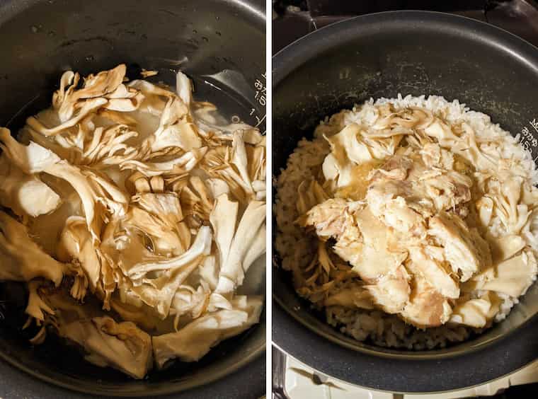 左側 米と舞茸の入った炊飯器の画像、右側 ご飯が炊きあがってさばのほぐし身が上に乗っている画像