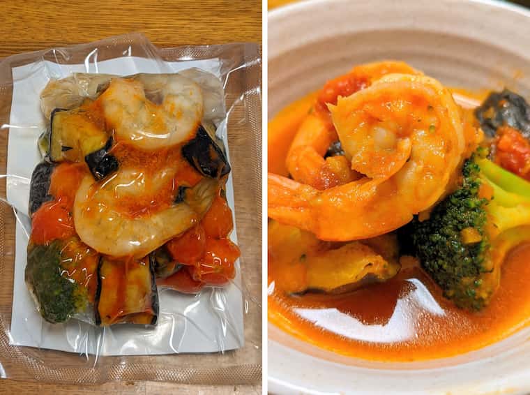 パッとオイシックス 海老野菜のガーリックトマト　左側冷凍状態 右側完成品の画像