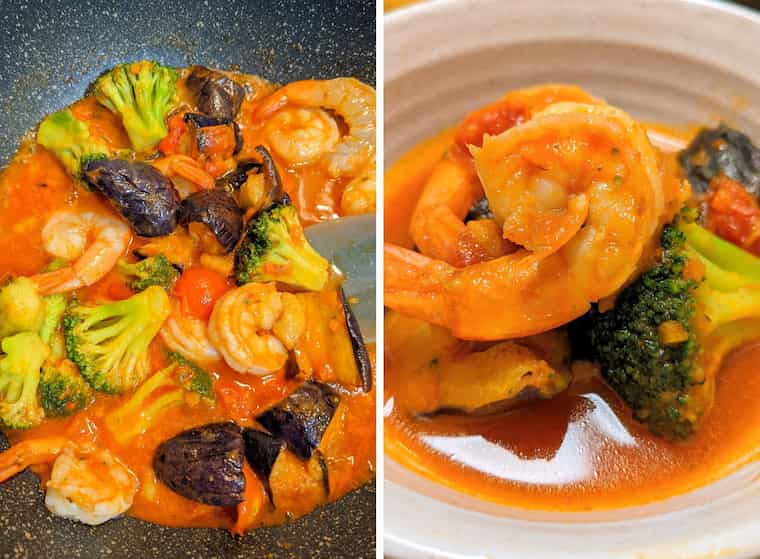 パッとオイシックス 海老野菜のガーリックトマト　左側 フライパンで炒め中の画像、右側 完成品の画像
