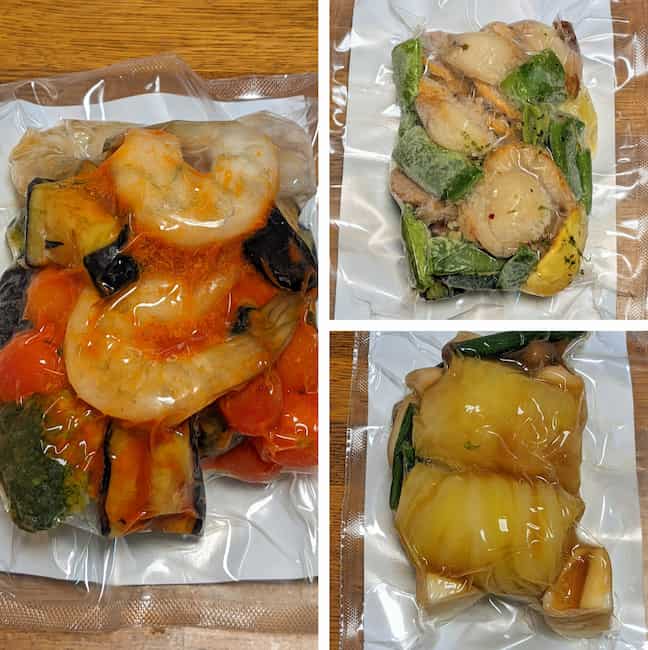パッとオイシックス3種類　左側 海老野菜のガーリックトマト、右上 帆立とお芋のスパイスソルト炒め、右下 ロールキャベツのコンソメ煮の画像