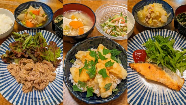 ヨシケイ カットミールの画像 左側豚肉のごまみそ焼き、中央とり天丼、右側さけのチーズソテー