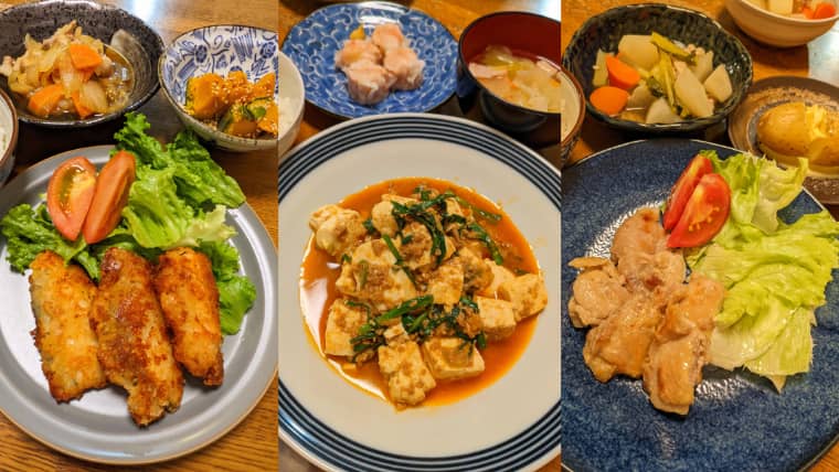 ヨシケイキットde楽3日分の画像　左側サーモンのオニオンチーズフライ、中央 麻婆豆腐、右側 鶏肉の塩糀焼きの画像