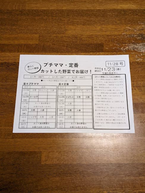ヨシケイプチママ・定番カット野菜申し込み用紙の画像