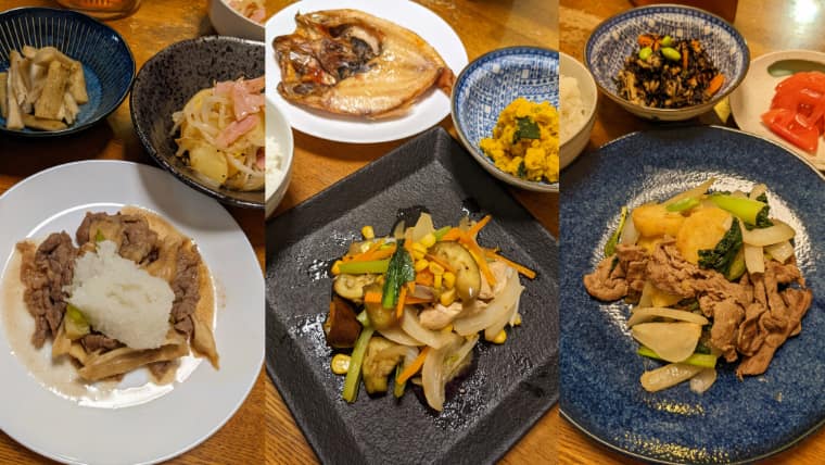 ヨシケイバランス400のメニュー3種 左側 牛肉のおろしのせ、中央 金目鯛の干物、右側 牛肉のポテト炒めの画像