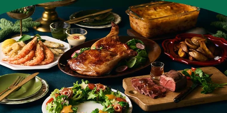 オイシックスクリスマス2023 チキン、魚介のフライ、リース型サラダ、ローストビーフ、ラザニアの画像