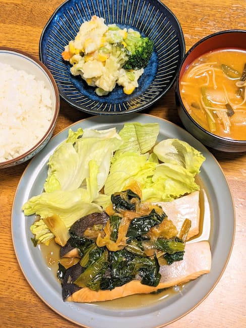 デリOisix 鮭の甘辛煮風とホットポテトサラダ、白飯、味噌汁の画像