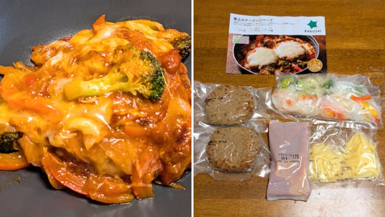 楽彩ミールキット 煮込みチーズハンバーグ 左側完成品、右側材料の画像