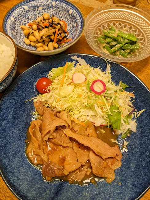 ヨシケイYデリ やまと豚生姜焼き、ひじきと大豆の煮もの、いんげんのごま和え完成品の画像